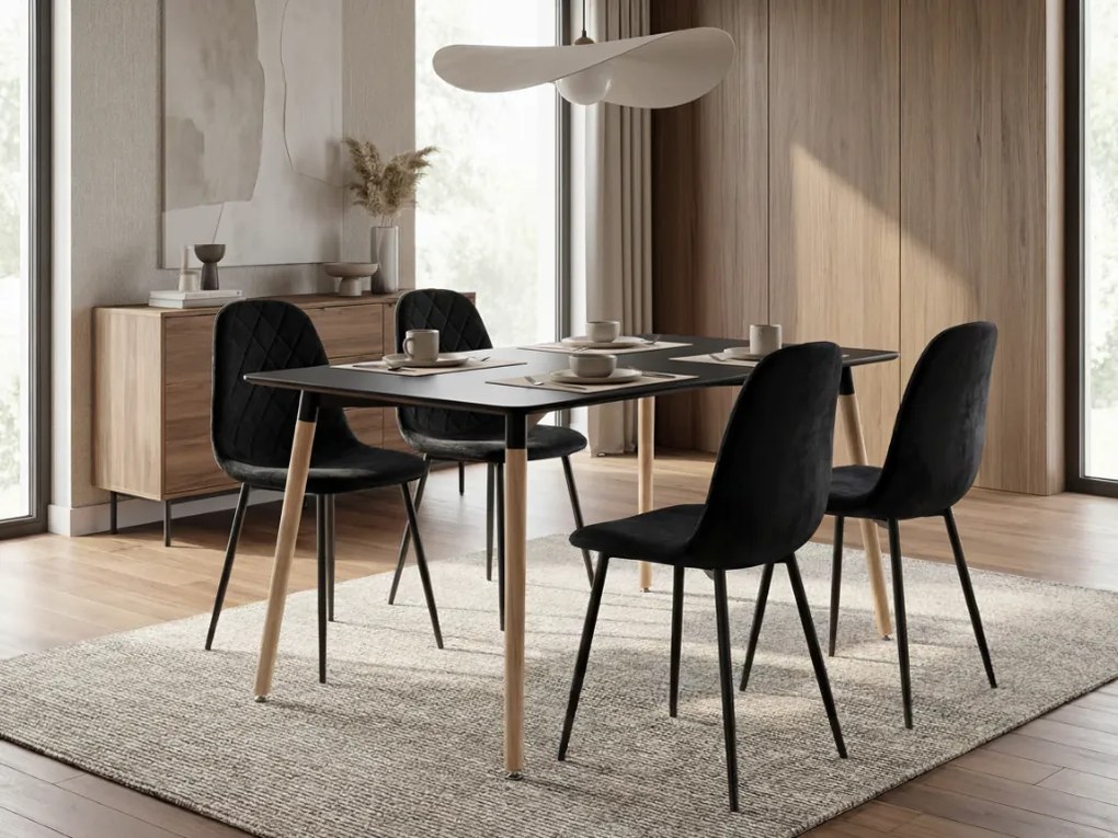 Zestaw jadalniany 1 + 4, czarny stół ADRIA 120x80 cm + czarne aksamitowe krzesło ASTI z czarnymi nogami