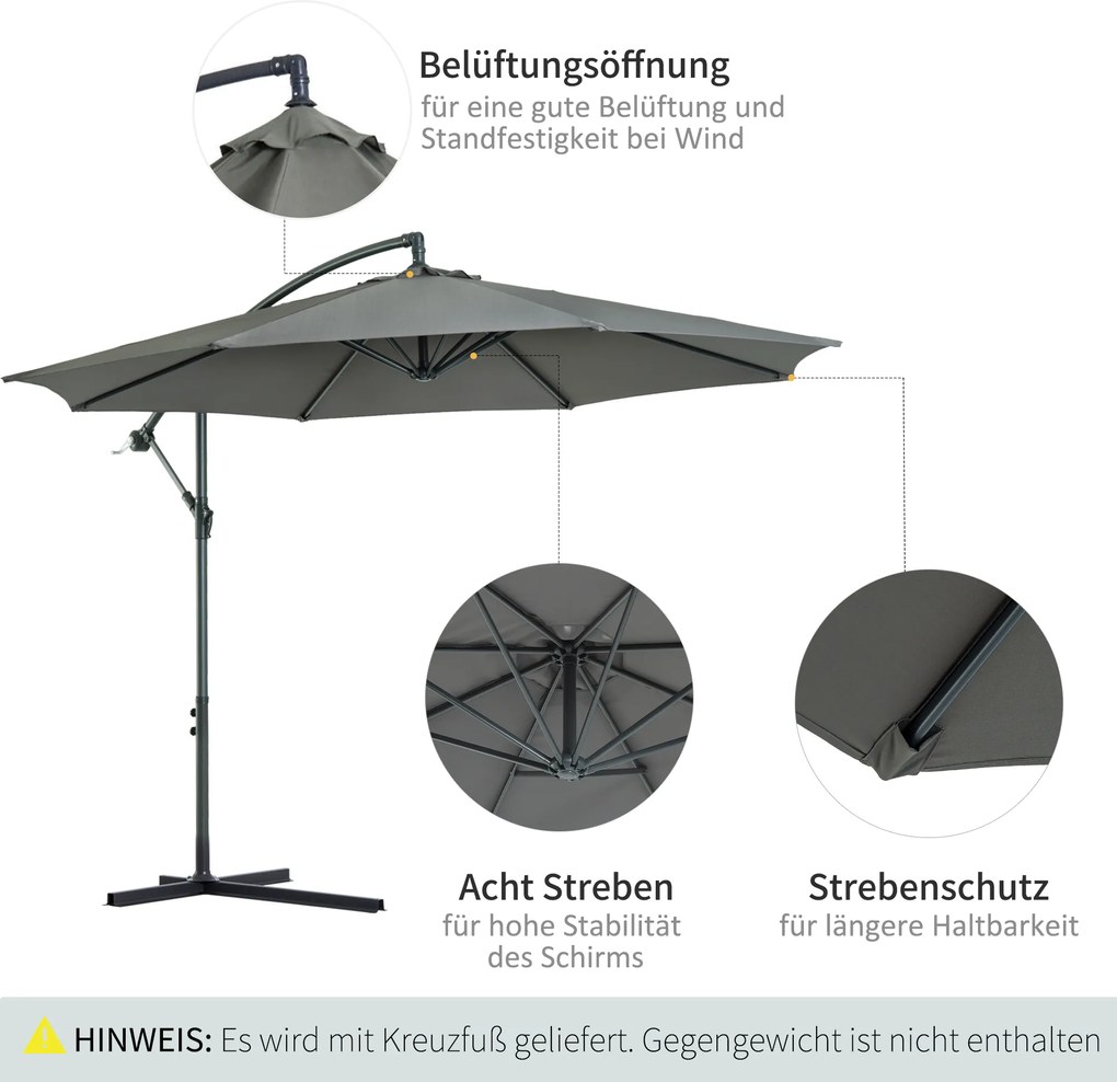 Outsunny parasol ogrodowy 3m z ręczną korbą szary stabilny i trwały idealny do ogrodu | Aosom PL