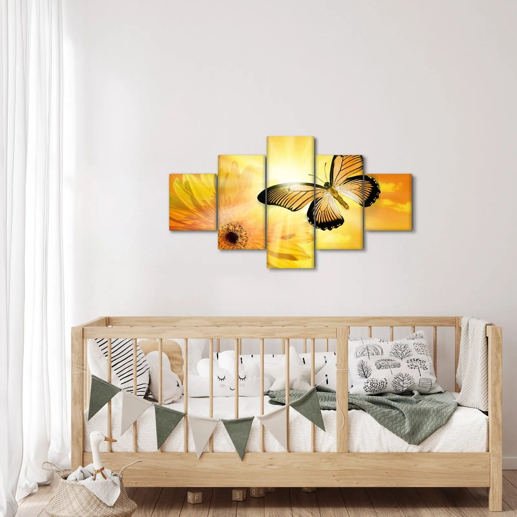Obraz - Żółty motyl z kwiatkiem (125x70 cm)