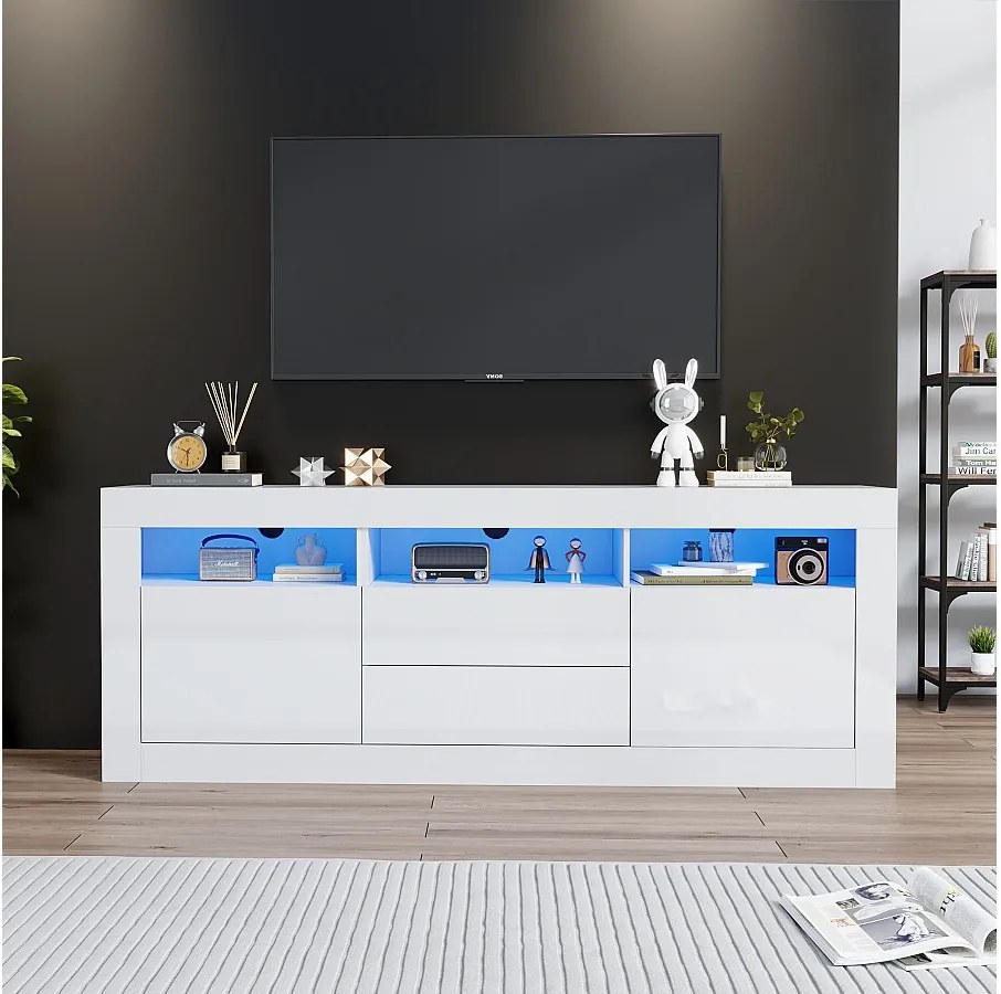 Stojak pod telewizor LED z 3 otwartymi przegrodami, 2 drzwiami i 2 szufladami, biały - odpowiedni do salonów i gabinetów