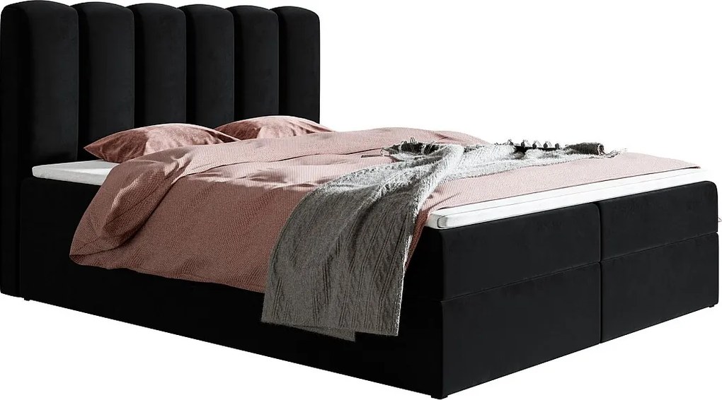 Emporius Rimini łóżko kontynentalne 160x200 z materacem H3 - łóżko dwuosobowe, topper, pojemnik - tkanina aksamitna, czarny (Amor Velvet 4322)