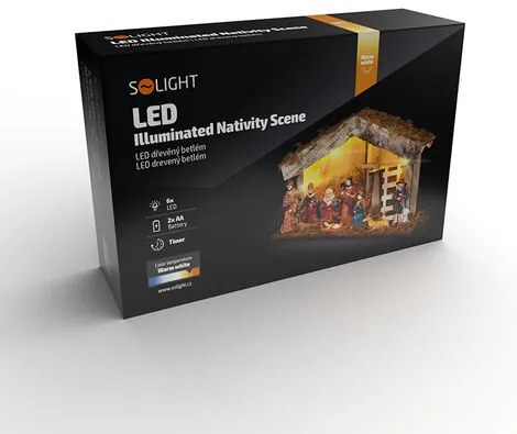Solight LED drewniana podświetlana stajenka, 6 diod LED, 26 x 17 cm, 2 baterie AA