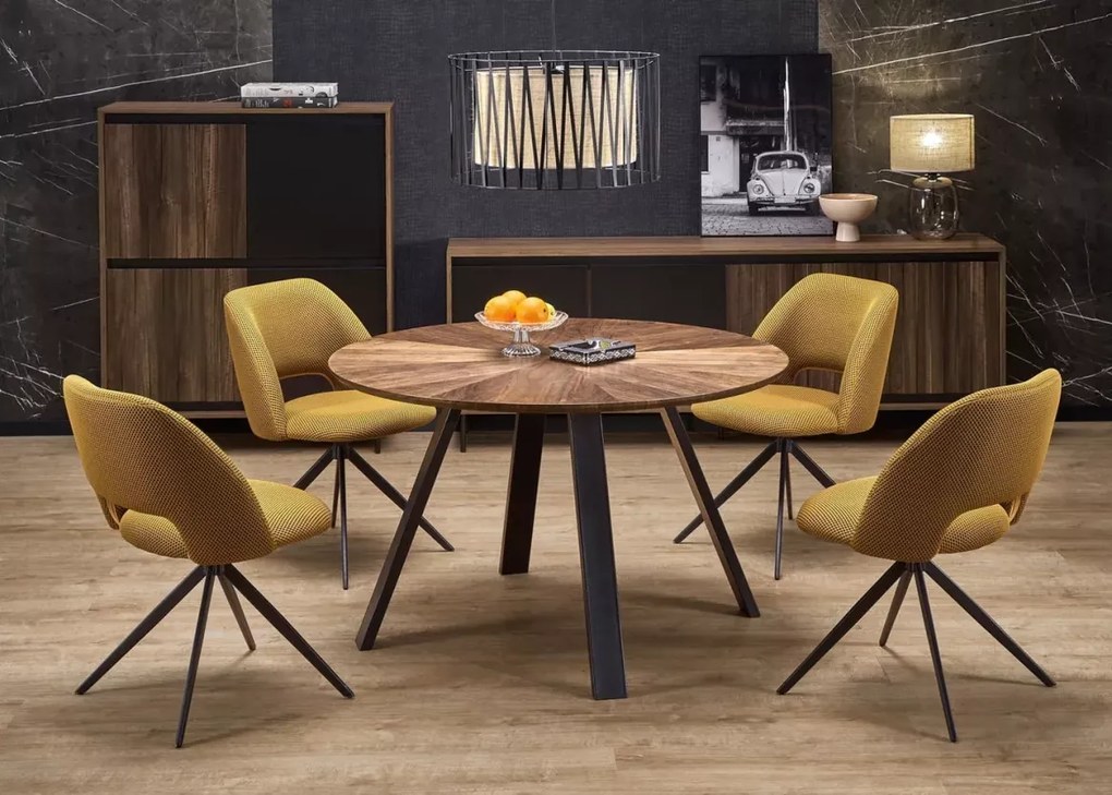 Stół okrągły Kioto 120 cm orzech – loftowy, MDF okleina naturalna, czarne nogi stalowe
