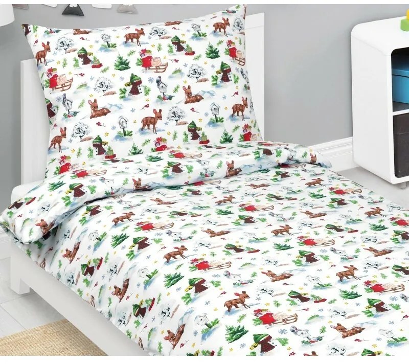 Bellatex Świąteczna pościel bawełniana Zwierzątka w lesie, 140 x 200 cm, 70 x 90 cm
