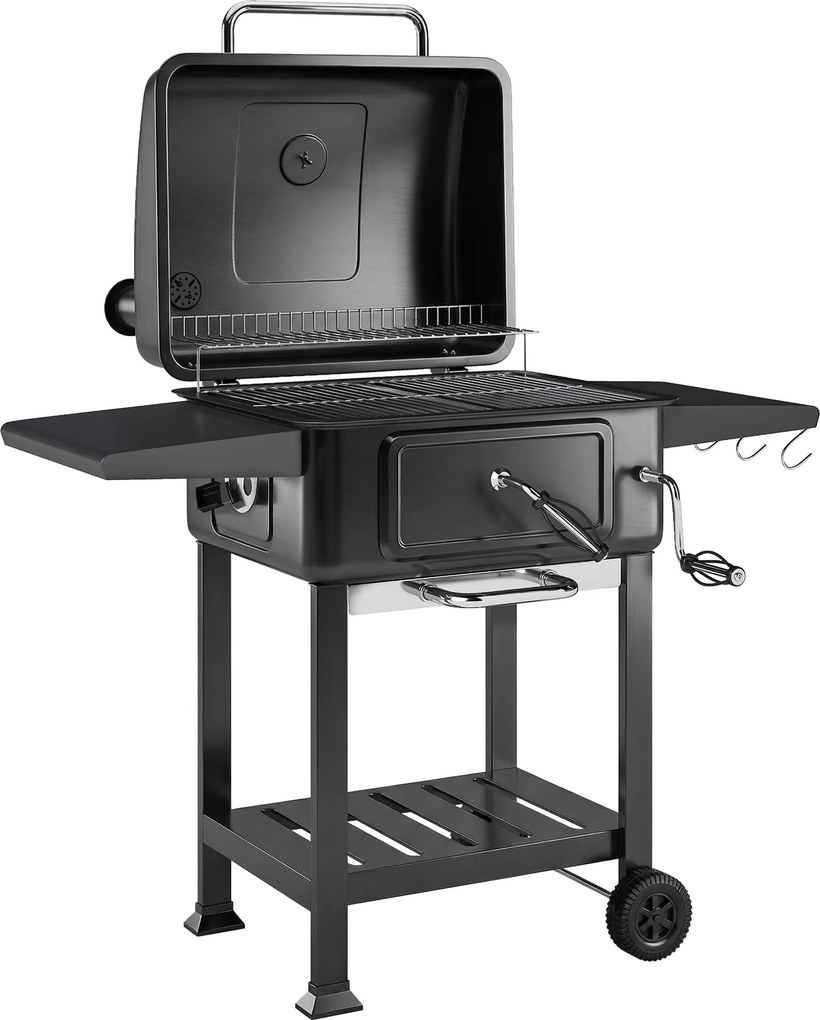 Outsunny Grill węglowy BBQ Smoker z pokrywą, termometrem, regulowaną wysokością węgla, kominem, rusztem, boczną półką i tacką na popiół | Aosom PL