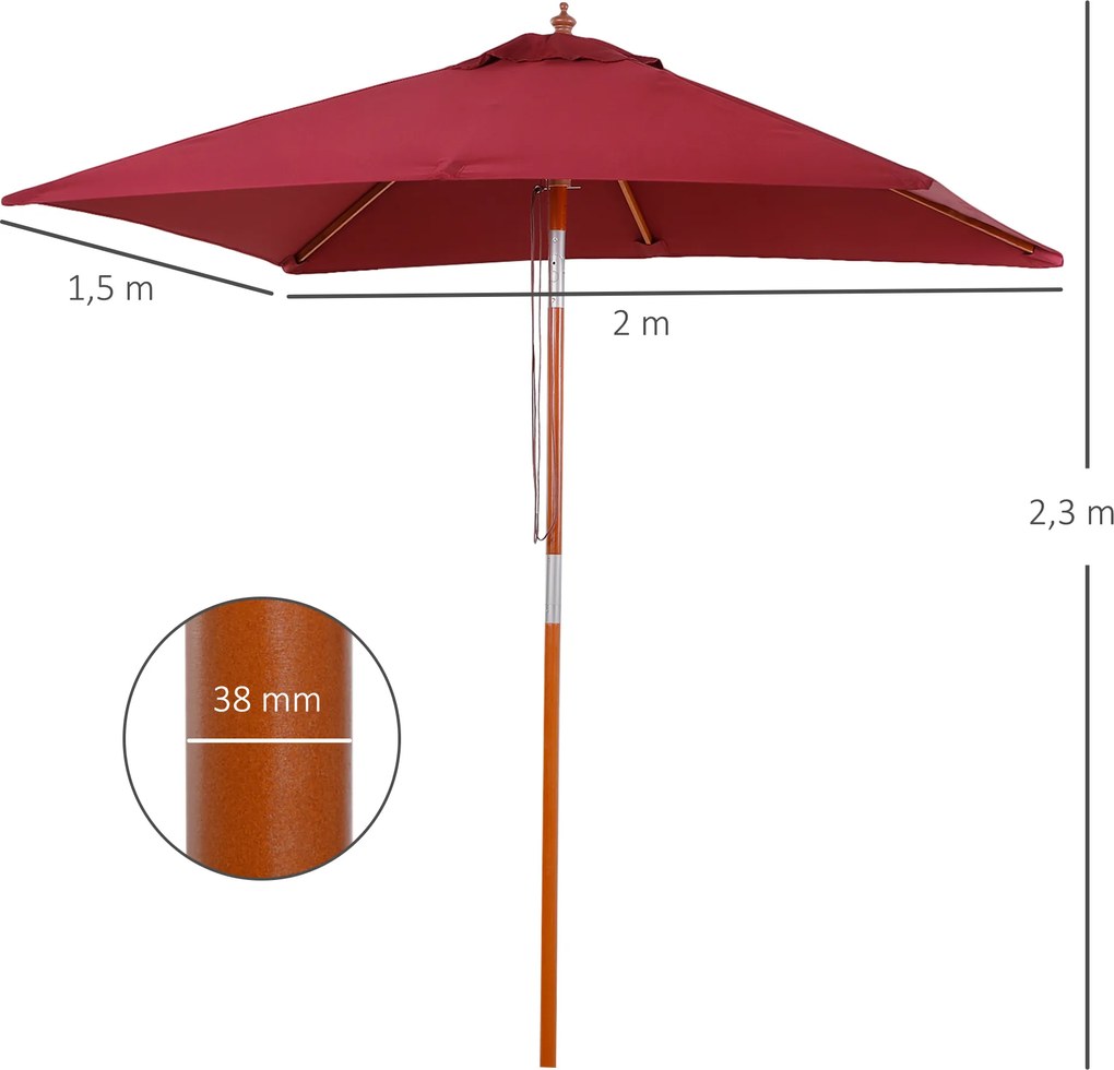 Outsunny Parasol Ogrodowy Zginany Czerwone Wino Drewno Poliester 3Stopniowa Regulacja 200x150x230cm | Aosom PL