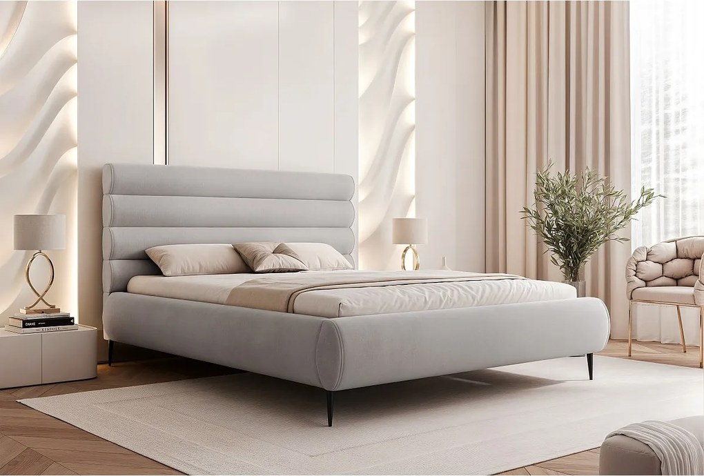 BESILIO Stylowe łóżko z pojemnikiem 200x200 Marbella II- łóżko tapicerowane na wysokich nogach, stelaż drewniany - Jasnoszare