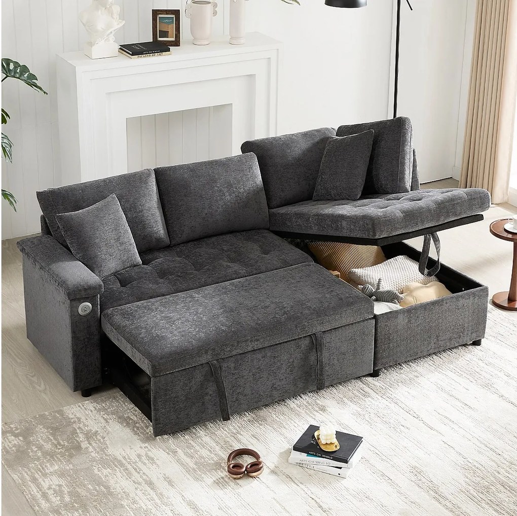 Sofa 3-osobowa, Sofa rozkładana z portami USB i schowkiem, tapicerowane oparcie - Ciemnoszary szenil