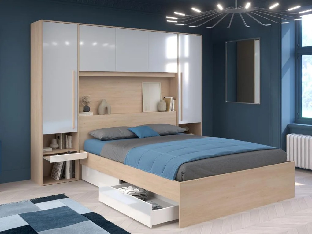 Zabudowa wokół łóżka  ze skrzynią i - Z oświetleniem LED - szer. 265 cm - Biały z połyskiem i naturalny - VELONA