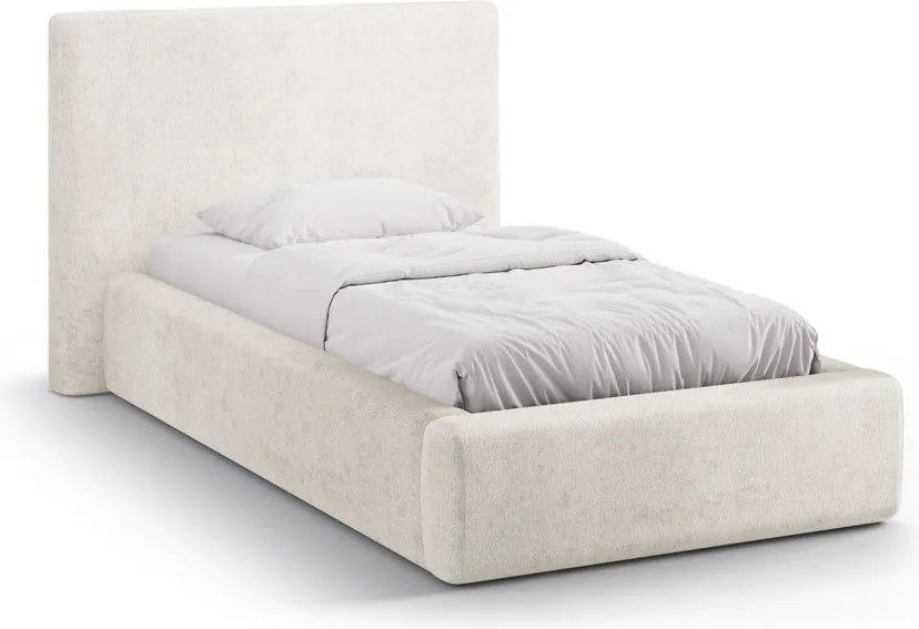 Kremowe tapicerowane łóżko jednoosobowe ze schowkiem i stelażem 90x200 cm Amy – Micadoni