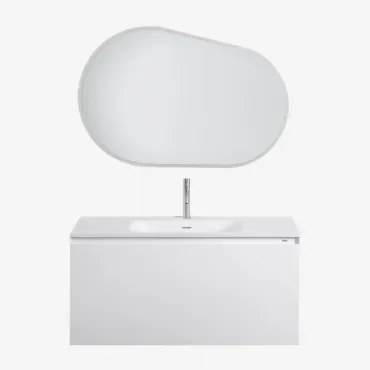 Zestaw Drewnianych Mebli Łazienkowych Macrae Ze Zintegrowaną Umywalką Biała & Owalna Lampa Led I Przeciwmgielna 100x80 - Sklum