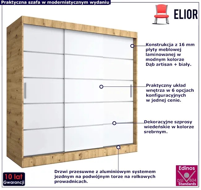 Szafa przesuwna dąb artisan + biały 200 cm - Bohosa 6X