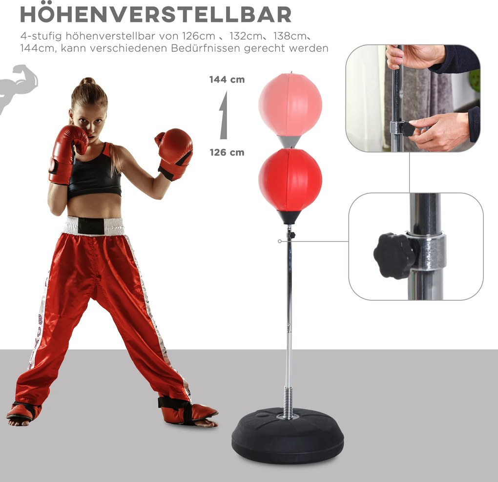 HOMCOM Zestaw bokserski z regulowanym workiem treningowym, w zestawie rękawice, 126-144cm, Czerwony