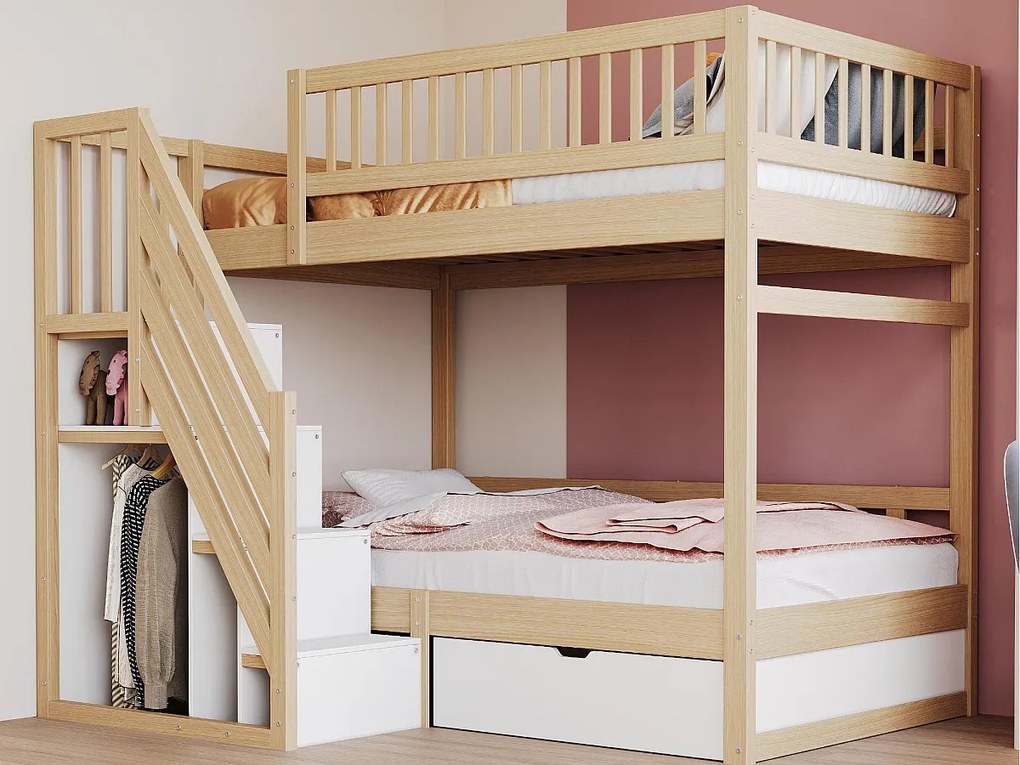 Łóżko piętrowe 90x200cm - z drabinką bezpieczeństwa - z 1 szufladą - z stelażem na listwach - naturalne (materac nie wliczony)