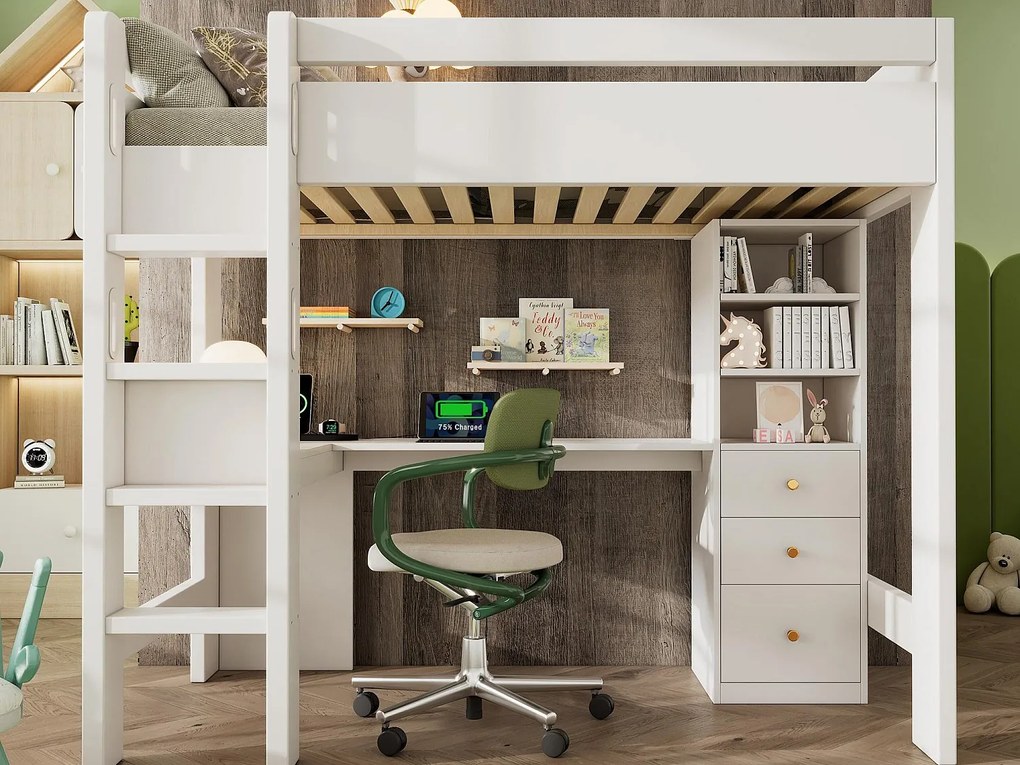 Łóżko antresolowe 90x200 cm - z USB i Type-C - z biurkiem narożnym, półkami i szufladami - z barierkami ochronnymi - białe (bez materaca)