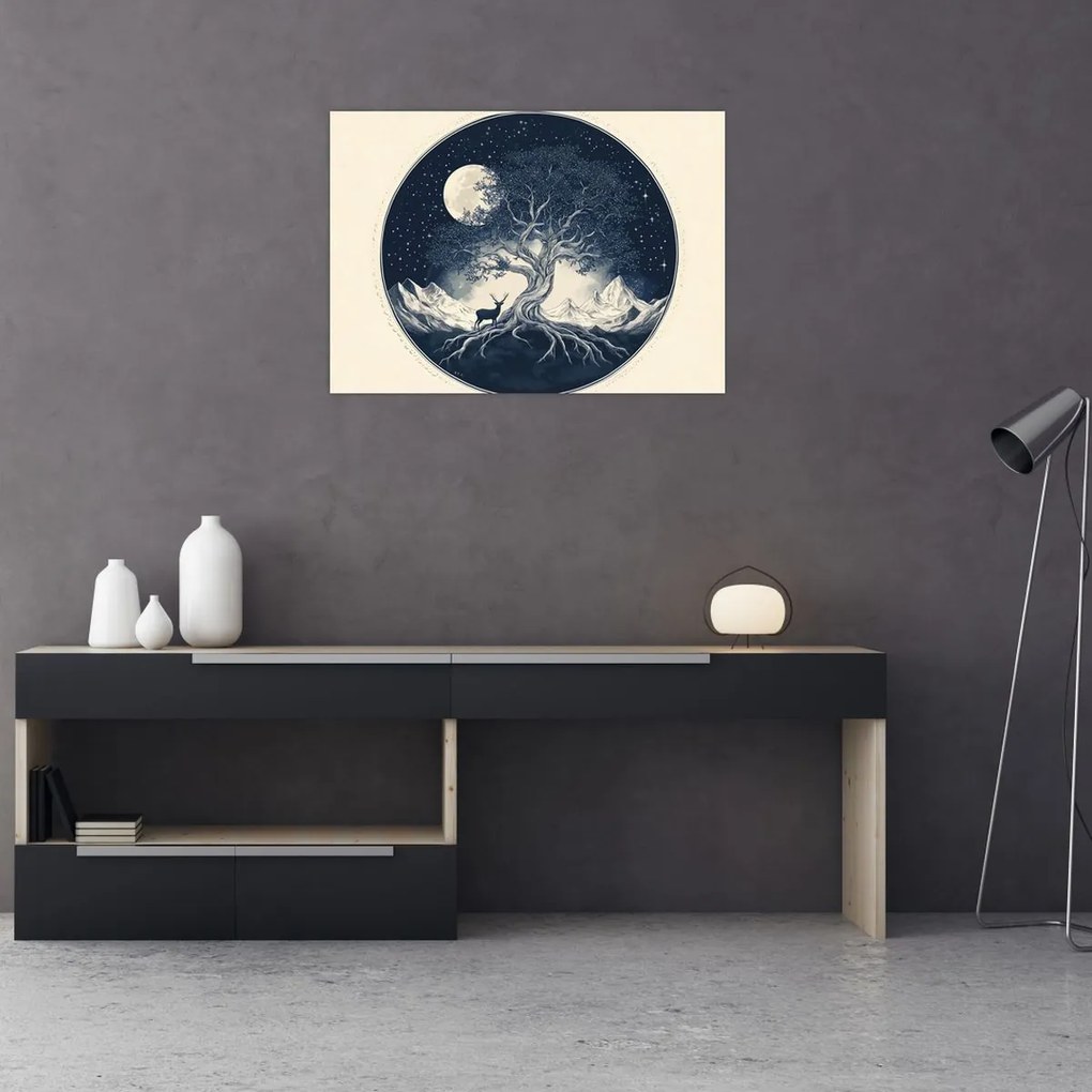 Obraz na szkle – Magiczne drzewo z jeleniem I. (70x50 cm)