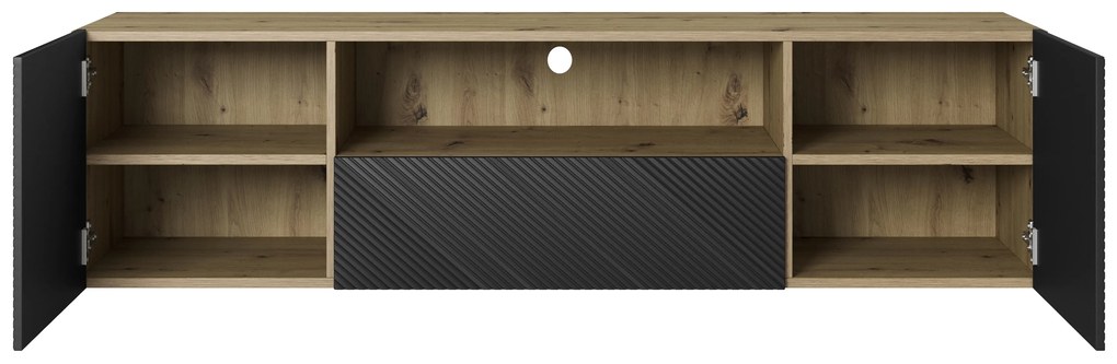Szafka RTV Asha 167 cm wisząca z szufladą i wnęką - artisan / czarny mat