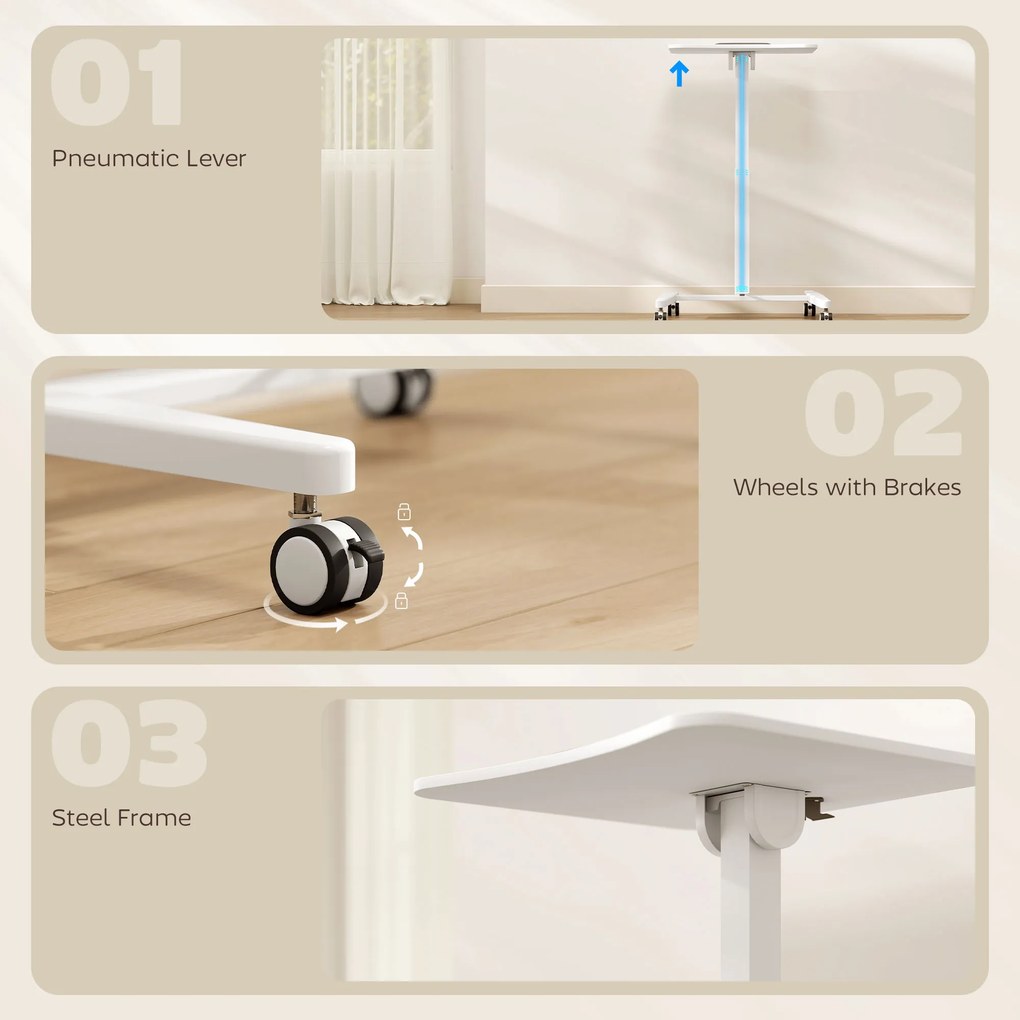 HOMCOM Regulowane Biurko Stojące, Mobilne Biurko z Regulowanym Blatem, Blokada Bezpieczeństwa, Kółka, Białe | Aosom PL