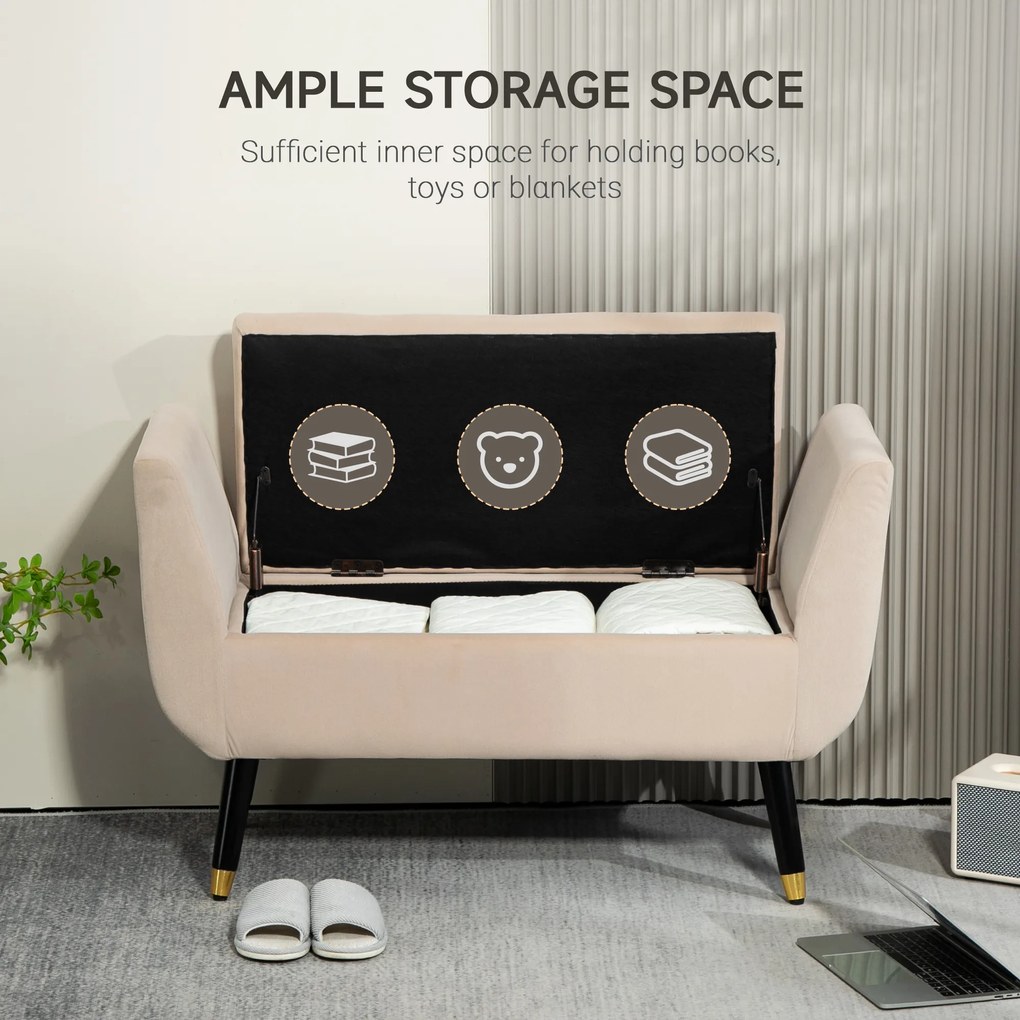 HOMCOM Tapicerowana ławka welurowa z podłokietnikami i miejscem do przechowywania beżowa 107x42x65 cm | Aosom PL