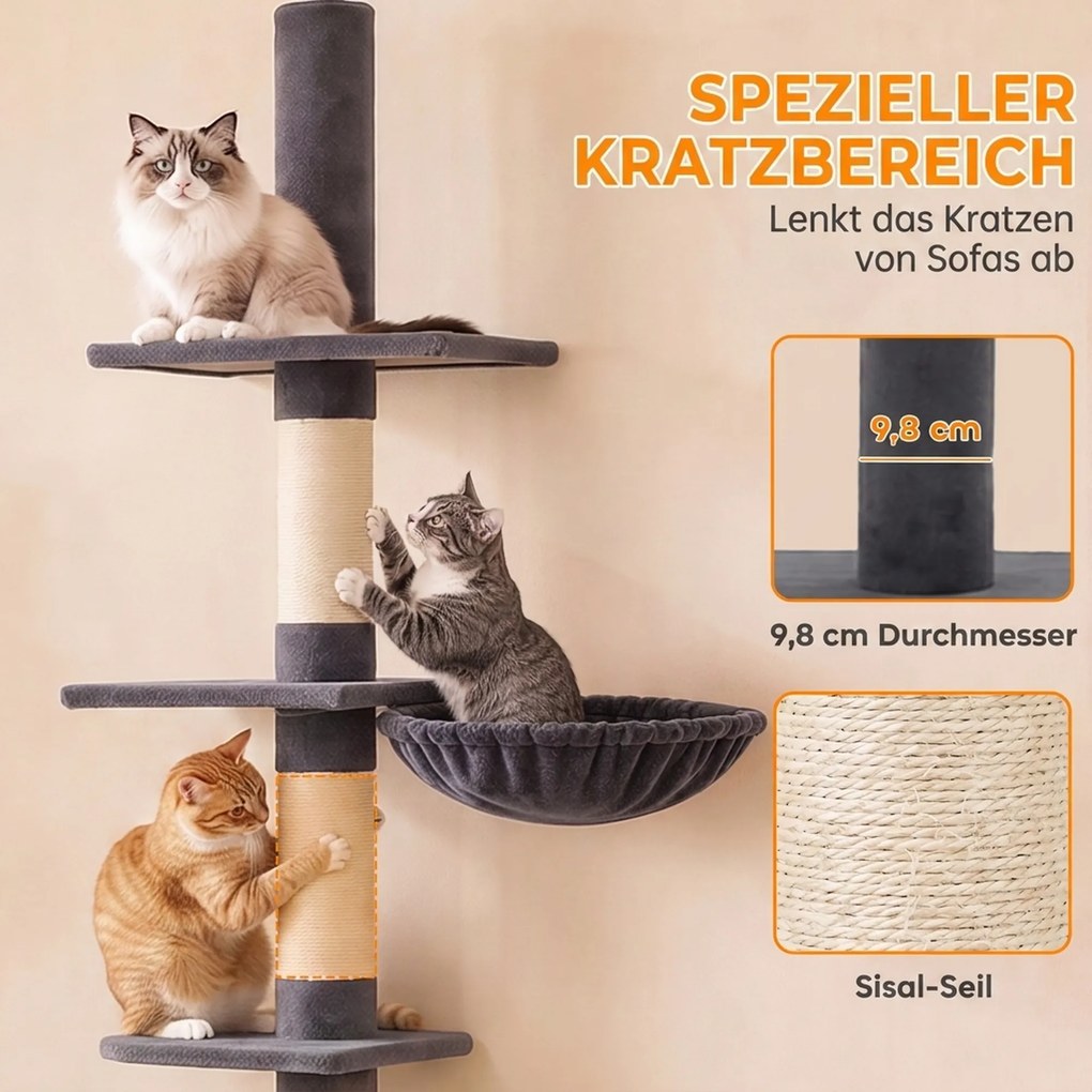 PawHut Drapak sufitowy 225–255 cm regulowany Drapak dla kota z 5 poziomami 3 słupkami z sizalu, hamak, platformy | Aosom PL