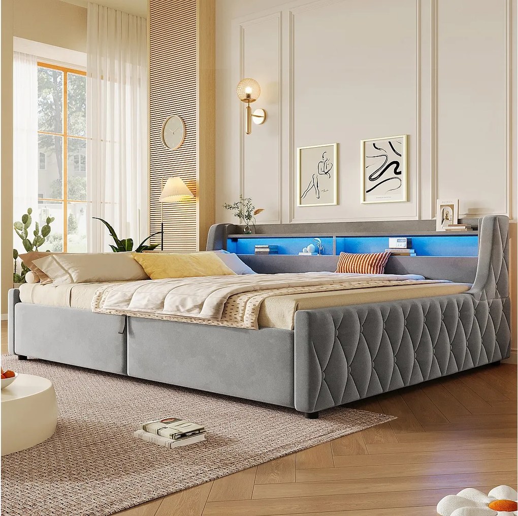 Łóżko wysuwane 140 x 200 cm ze schowkiem i zagłówkiem LED - Flanela i MDF - Szare (materac nie jest wliczony w cenę)