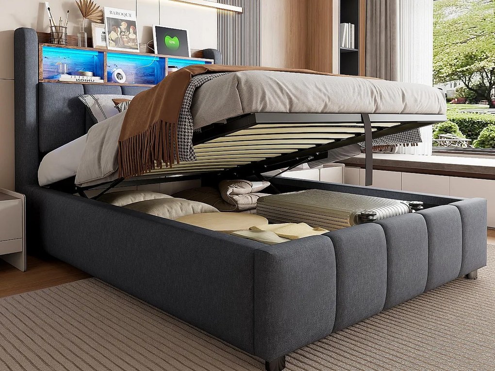 Łóżko z pojemnikiem i tapicerowanym zagłówkiem 90x200 cm - z oświetleniem LED + portem USB - Len - szare (bez materaca)