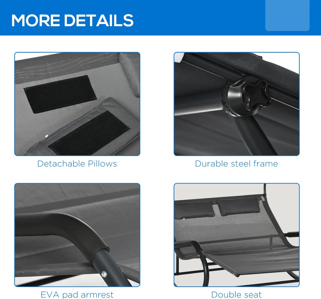 Outsunny Podwójna Leżanka dla 2 Osób z Baldachimem i Poduszkami, 200 cm x 139 cm x 140 cm, Ciemnoszary | Aosom PL