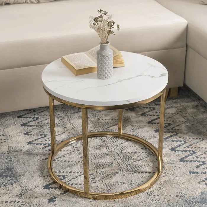 Stolik Kawowy CLIFF 53 cm Biały Marmur/Złoty Nowoczesny Glamour