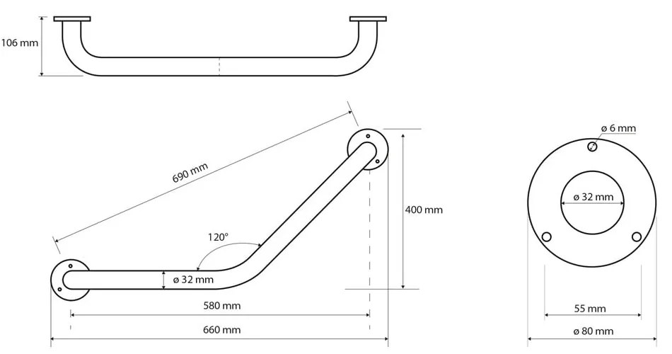 Stalowy uchwyt ścienny do łazienki 66 cm Handicap 120° – Sapho