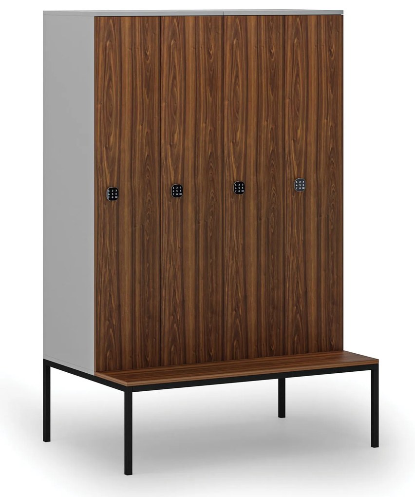 Drewniana szafa ubraniowa S4 z ławką, 4-drzwiowa, 1871 x 1200 x 500/800 mm, demontaż, zamek kodowy, szary/orzech