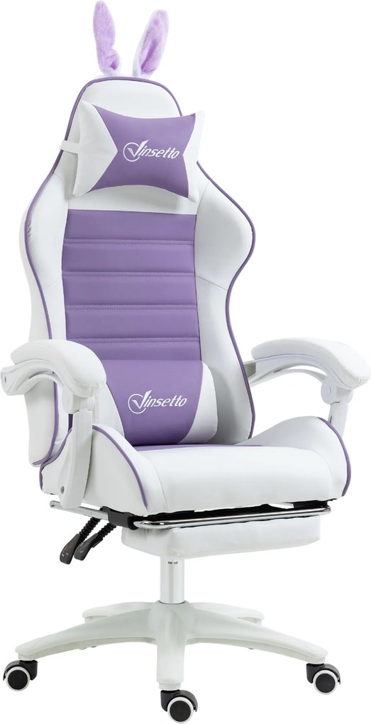 Vinsetto Ergonomiczny Fotel Gamingowy z Podparciem Lędźwiowym, Podnóżkiem i Uszami Królika Fioletowy