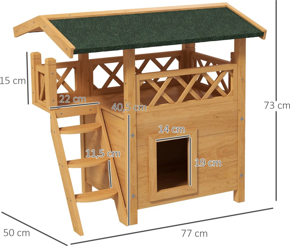 PawHut Domek dla kotów, Chatka dla zwierząt, Dach asfaltowy, 2 Poziomy, 1 Schody, Naturalny + Zielony