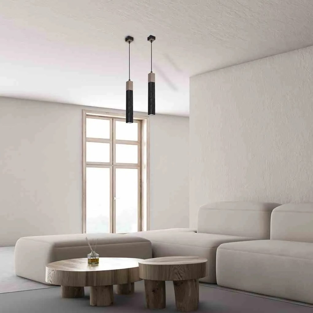 Lampa wisząca, tuba, pojedyncza, czarna SOLO SAWN BLACK / PATINATED WOOD 1x mini GU10
