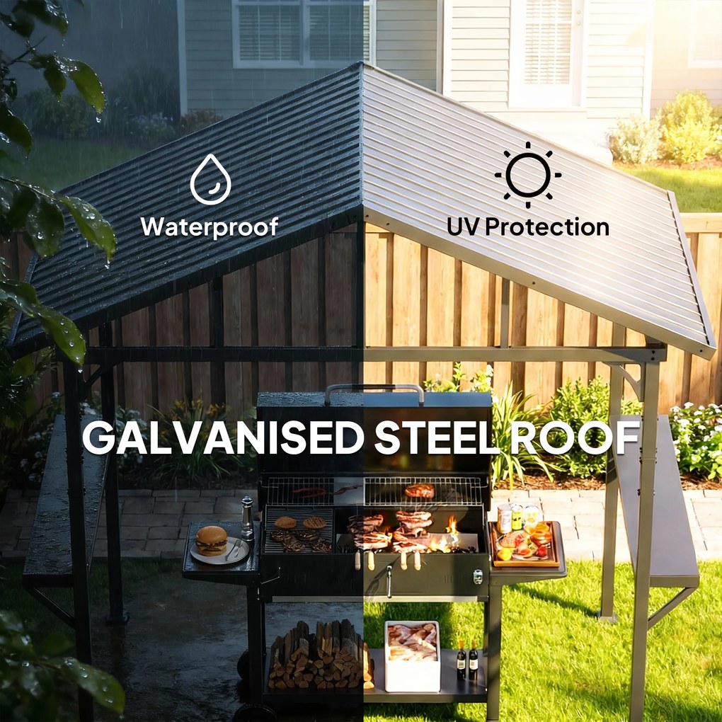 Outsunny Pawilon grillowy 2,52 x 1,56 m, wodoodporny grillowy pawilon z dwuspadowym dachem, boczną półką, hakami, stalową ramą, czarny | Aosom PL