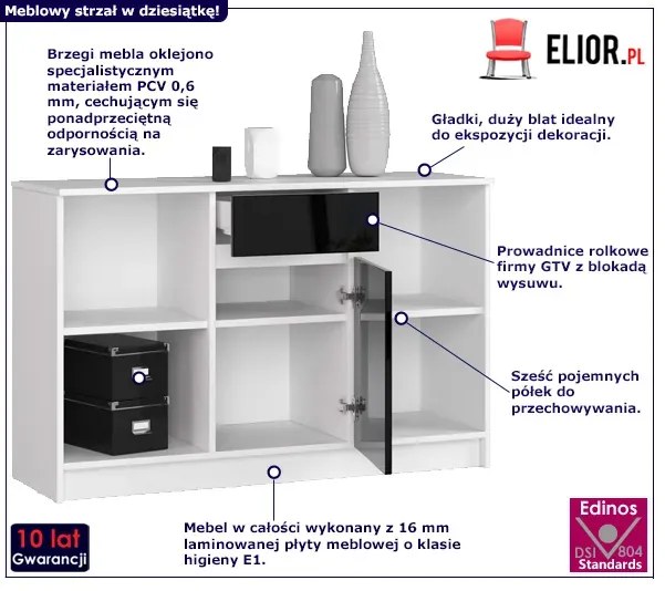 Komoda z szufladą i półkami biała + czarny połysk D1-N35