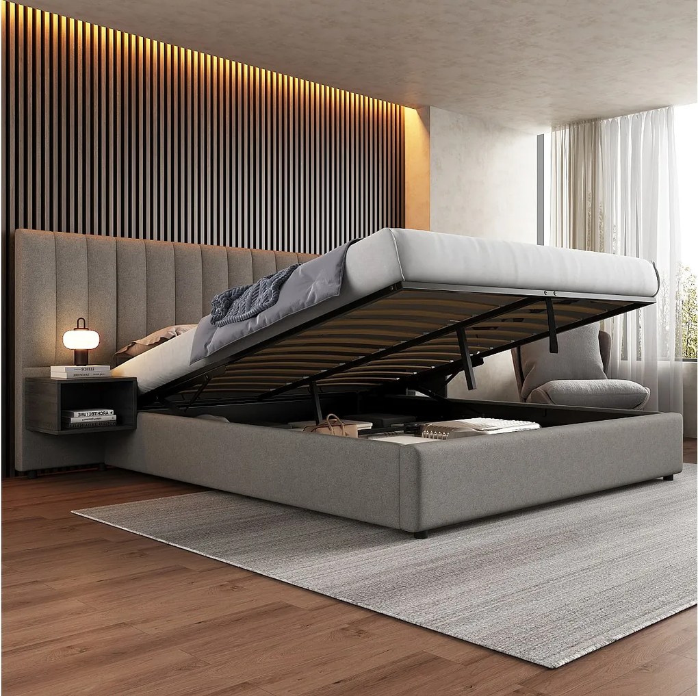 Łóżko ze schowkiem 180 x 200 cm z dużym wezgłowiem i 2 szafkami nocnymi - Tkanina lniana - Szary + czarny (bez materaca)