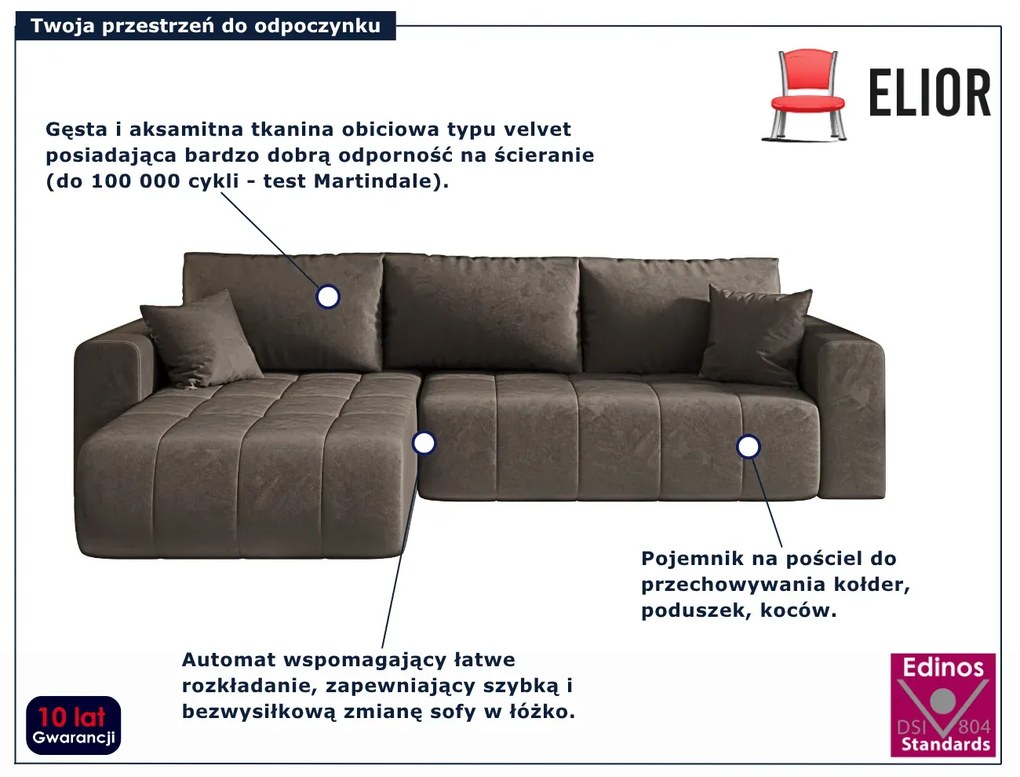 Brązowy welurowy narożnik L z funkcją spania P1-M59