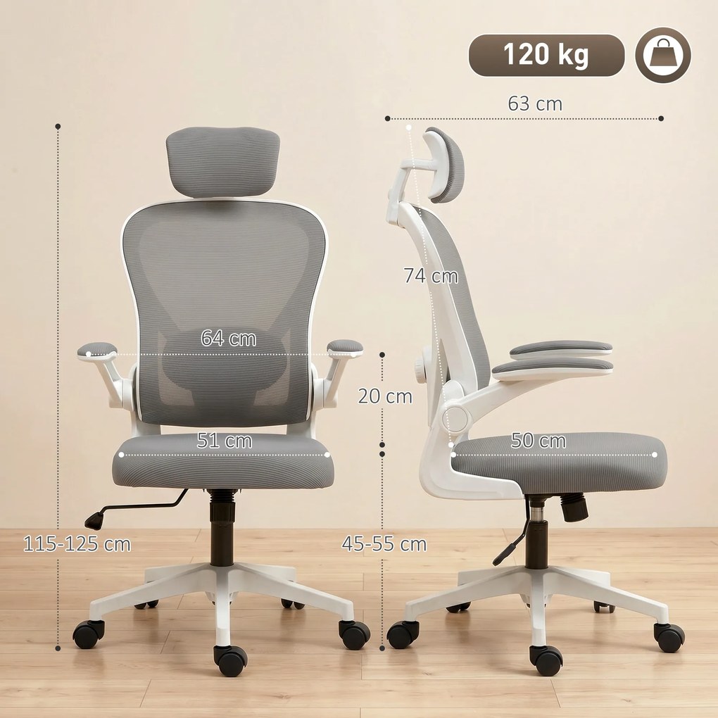 HOMCOM Fotel biurowy Ergonomiczny fotel biurkowy ze składanymi podłokietnikami, regulowanym podparciem lędźwiowym Szary | Aosom PL
