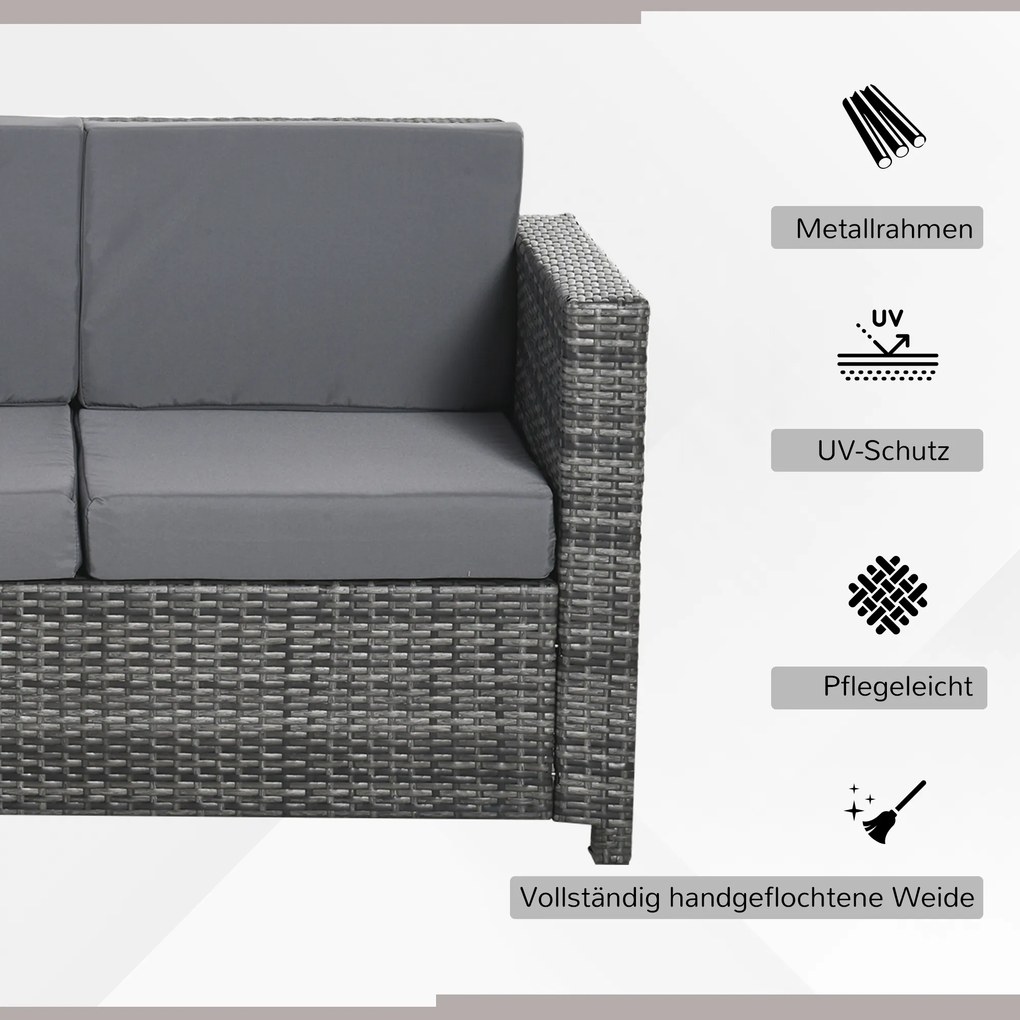 Outsunny Sofa Ogrodowa 3-osobowa z Technorattanu z Poduszkami Metal Poliester Szary | Aosom PL