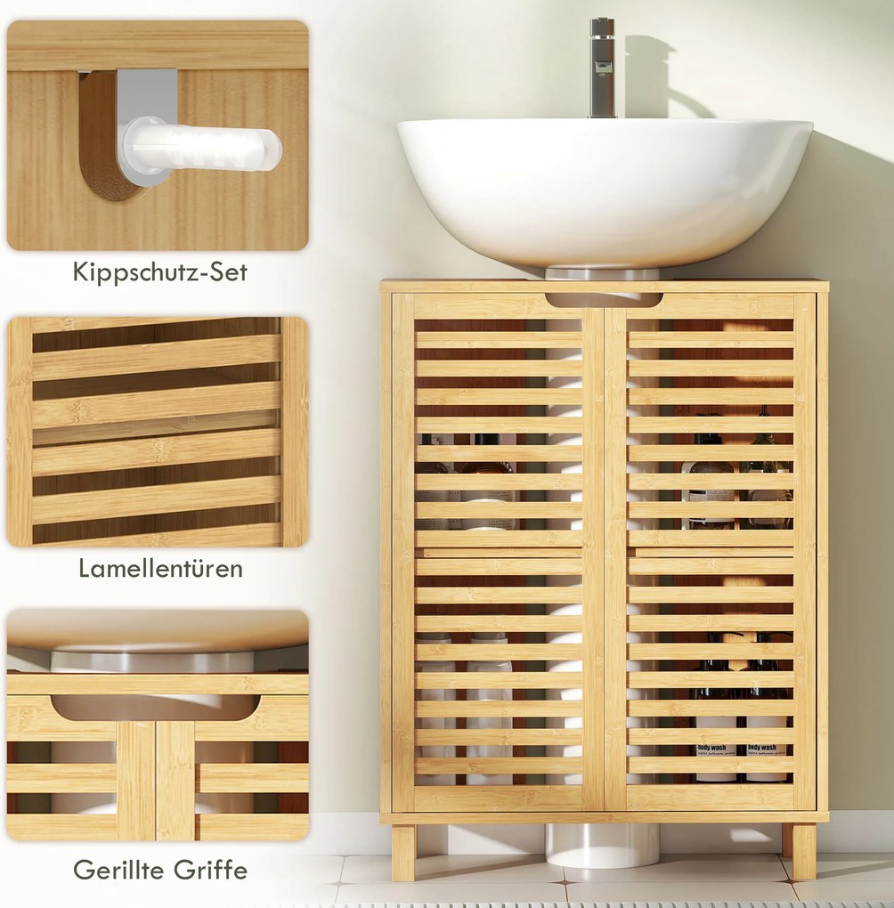 HOMCOM Szafka podumywalkowa do łazienki, szafka z drzwiami z lameli, bambus, regulowane półki, naturalna | Aosom PL