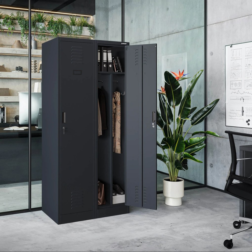 Szafa socjalna BHP ubraniowa czterokomorowa KACPER, 800 x 1800 x 500 mm, antracytowa