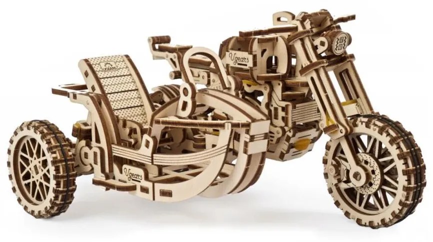 Ugears - 3D drewniane puzzle mechaniczne Motocykl scrambler z wózkiem