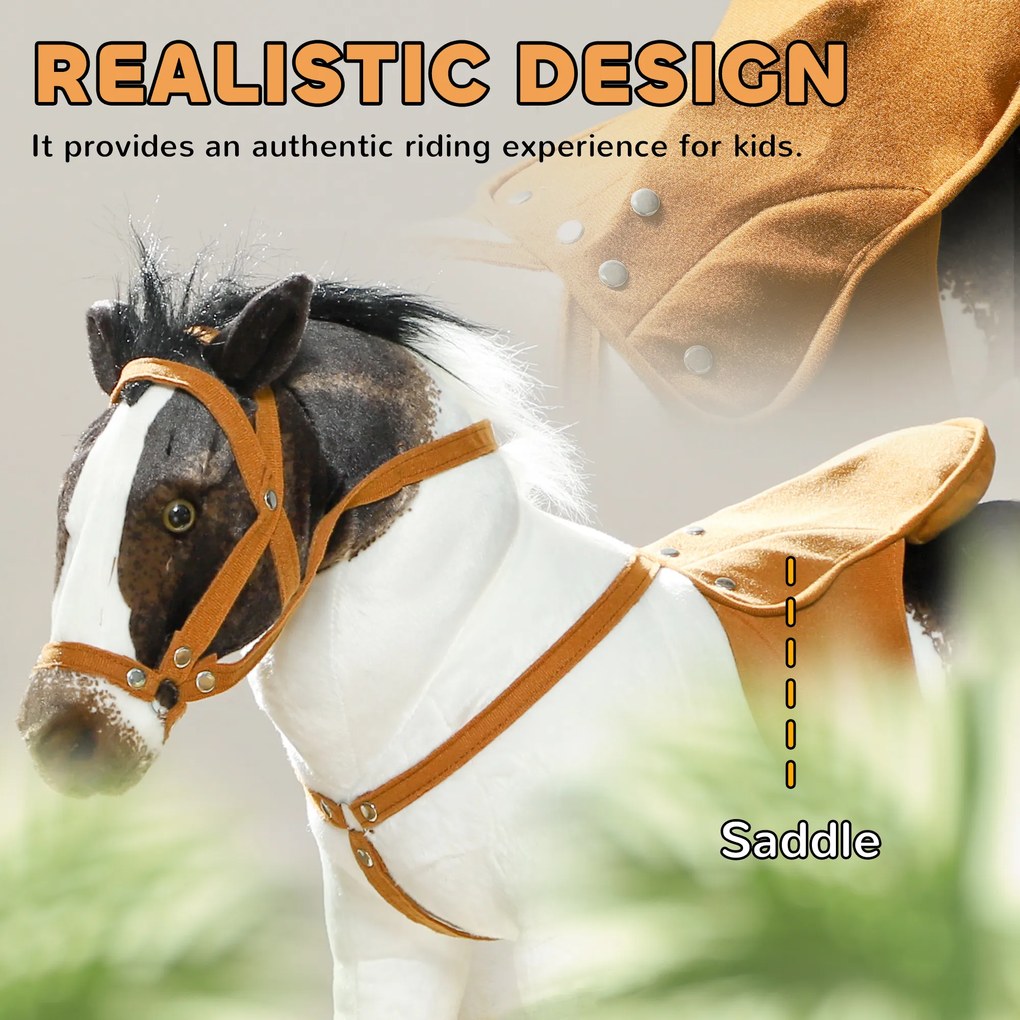 AIYAPLAY Konik na Biegunach z Efektami Dźwiękowymi, Miękka Sierść, dla Dzieci 3-8 Lat, 85 x 28 x 60 cm, Brązowy/Kremowy