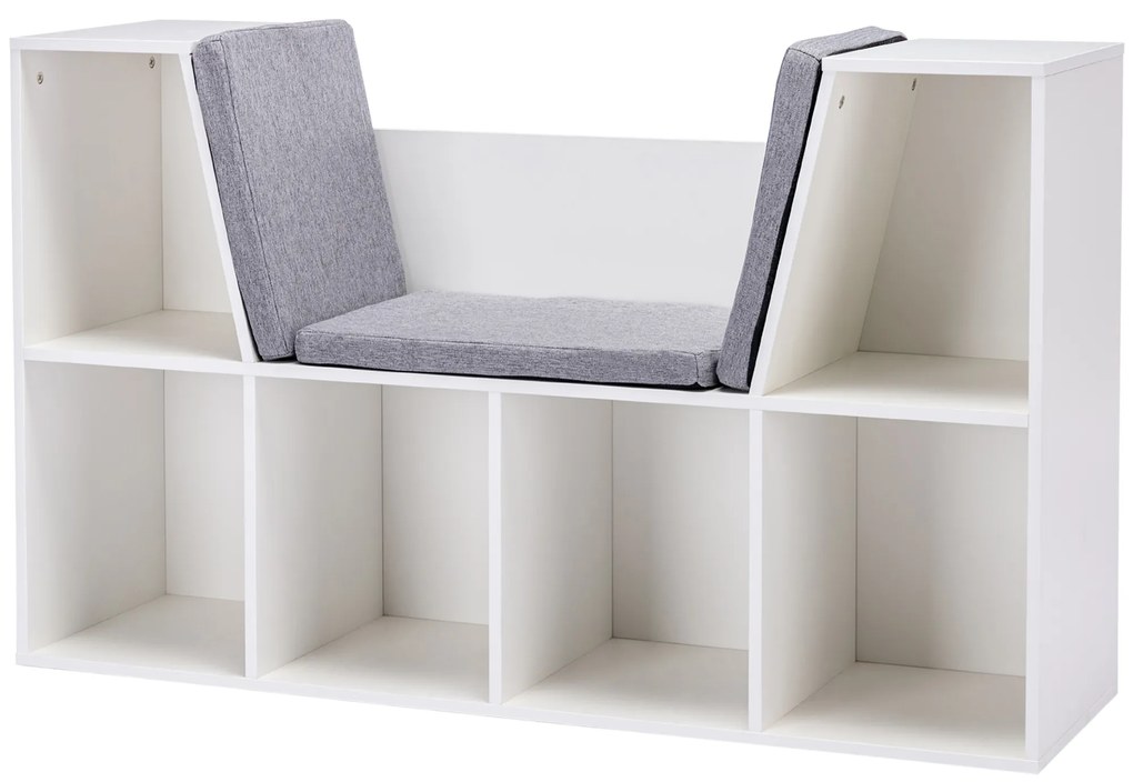 HOMCOM Regał 2 w 1 dla dzieci + Ławka z poduszkami 103 cm × 30 cm × 62 cm Biały + Szary