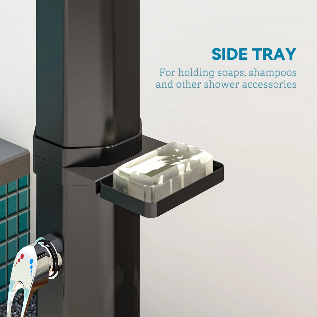 Outsunny Prysznic Solarny 35 litrów z Kranem, Głowicą Prysznicową i Boczną Półką, do 55°C Czarny