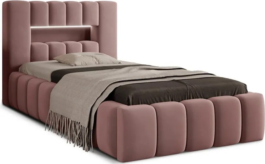 Różowe tapicerowane łóżko jednoosobowe ze schowkiem ze stelażem 90x200 cm Lamica – ELTAP