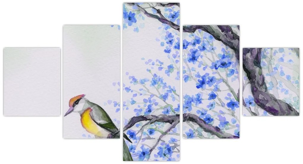 Obraz - ptak na drzewie z niebieskimi kwiatami (125x70 cm)