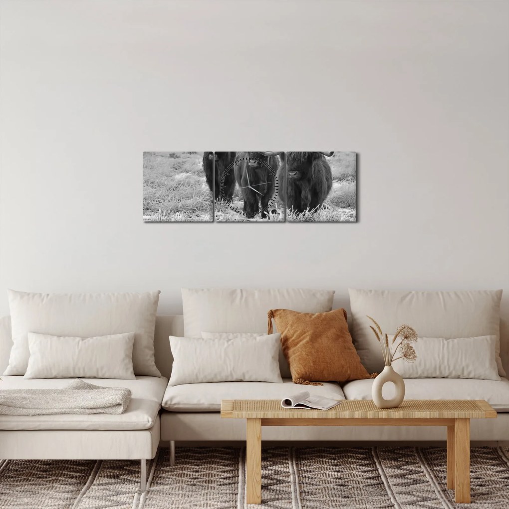 Obraz - Szkockie krowy (z zegarem) (90x30 cm)