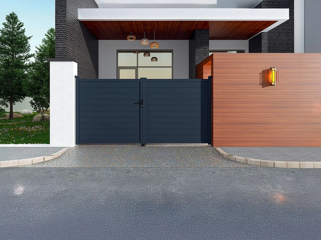 Skrzydłowa elektryczna brama aluminiowa pełna dł.355 x wys. 1681 cm antracyt NAZARIO