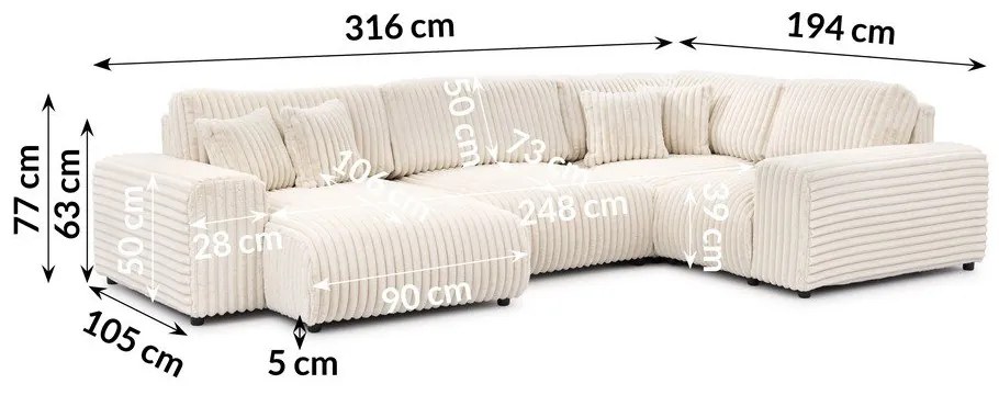 Kremowy sztruksowy narożnik (prawostronny/w kształcie litery U) Justin – Ropez